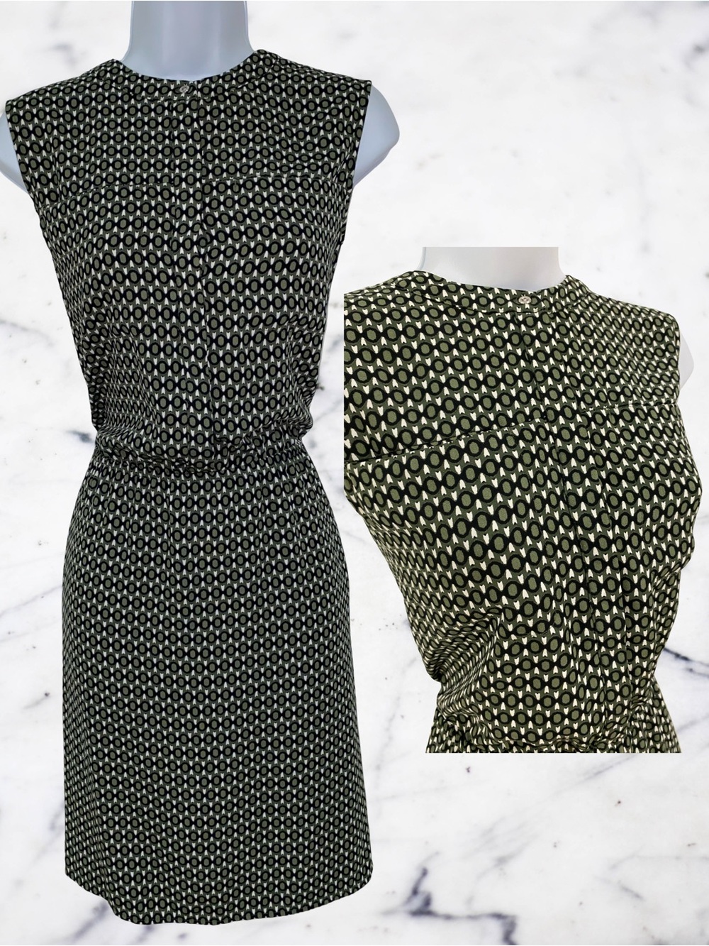 Merona Sleeveless Geometric Sheath Dress in Olive Black, Buttons, Pockets, Med